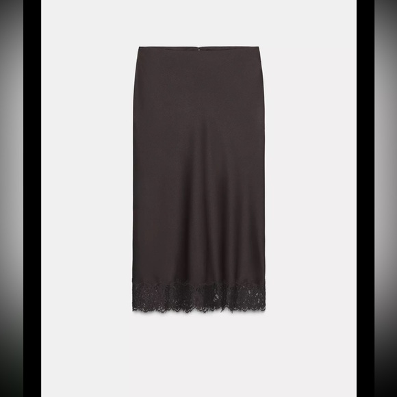 Zara Chocolate Brown Midi Skirt with Lace Hem - Picture 2 of 5